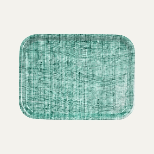 Green tray with linen pattern, made of birch veneer 