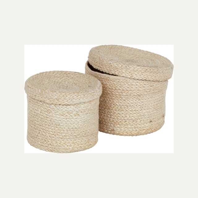 White small round basket with lid S/2 Elin, made of jute