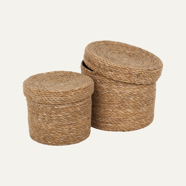 Small round basket with lid set of 2 Emil, made of seagrass