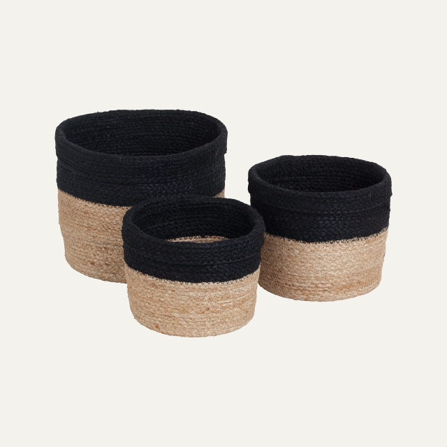 Black and natural colored basket S/3 Elin, made of jute