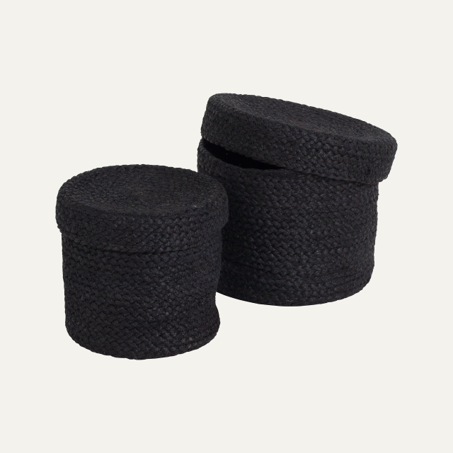 Black small round basket with lid S/2 Elin, made of jute