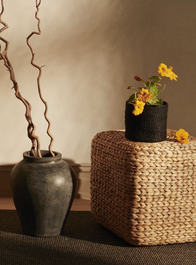 Black small round basket with lid S/2 Elin, made of jute